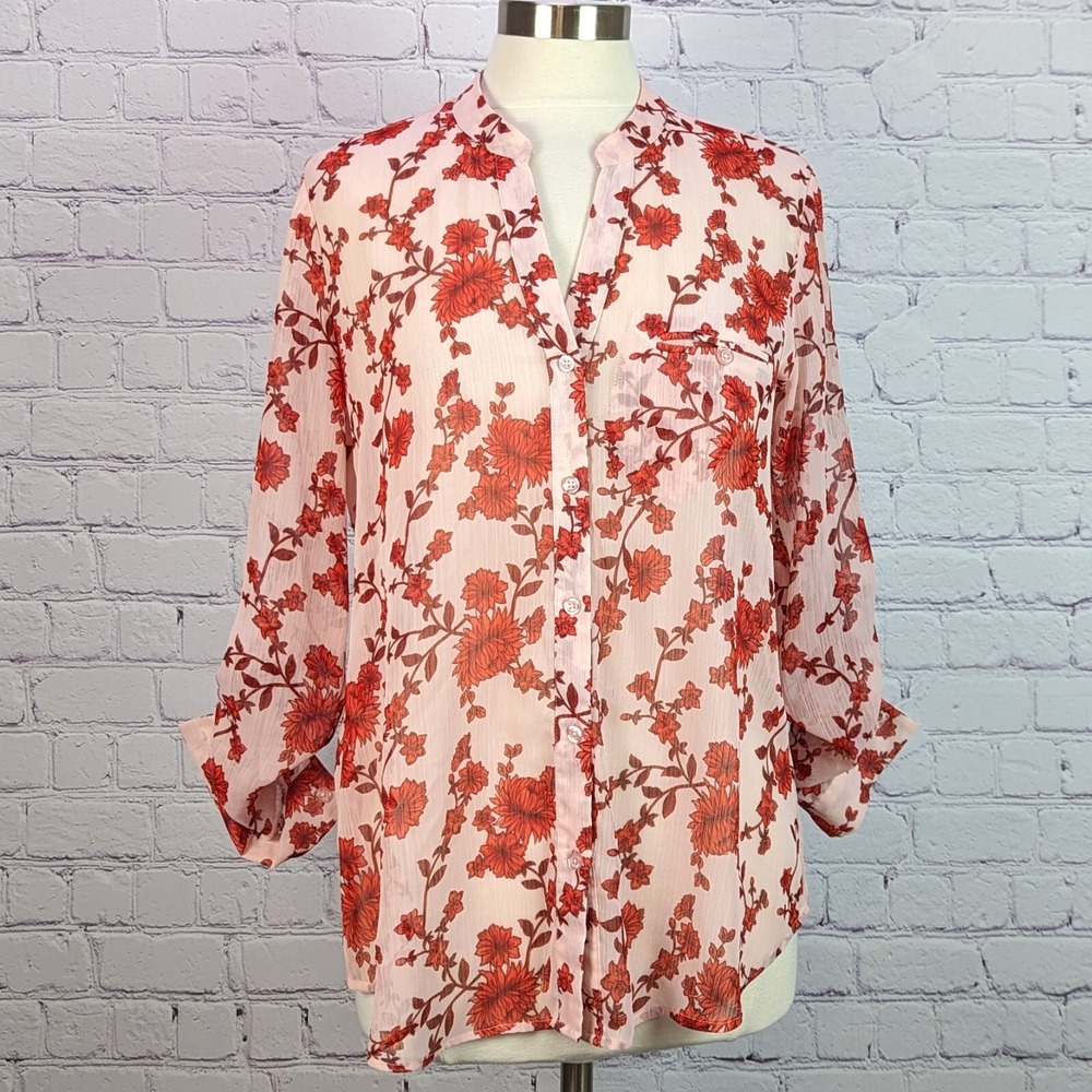 Kut from the Kloth Blouse Women M Pink Red Floral Chiffon Roll Tab Sheer KT32138